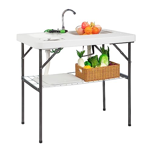 VINGLI Folding Fish Cleaning Table with 2 Sink, Outdoor Portable Camping Table with Grid Rack & Sprayer, Cutting Table with Drainage Hose Stainless Steel Faucet for Patio Backyard BBQ