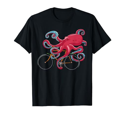 Octopus On Bicycle Cycling Eight Long Arms Graphic Print T-Shirt