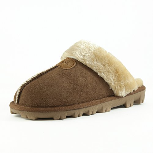 CLPP'LI Womens Slip on Faux Fur Warm Winter Mules Fluffy Suede Comfy Slippers-Tan-7