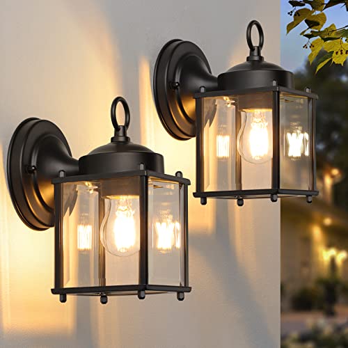MATAMEYE Outdoor Wall Lantern, Exterior Waterproof Wall Sconce Light Fixtures, Black Front Door Wall Lighting with Clear Beveled Glass Shade, Anti-Rust E26 Socket Porch Lights for Entryway, 2 Pack