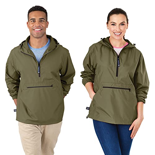 Charles River Apparel Pack-N-Go Windbreaker Pullover Hooded Jacket, Olive, XS