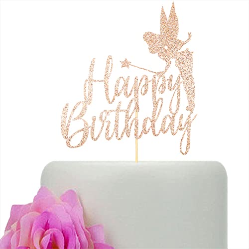 Tinker Bell Happy Birthday Cake Topper, Fairy Tinkerbell Disney Princess Girls Birthday Party Cake Decorations, Rose Gold Glitter