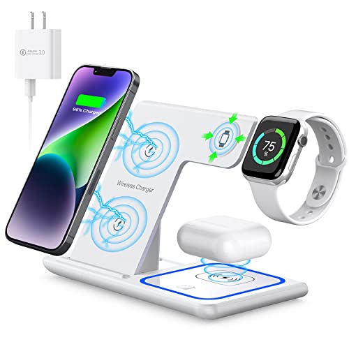 Wireless Charger, 3 in 1 Wireless Charging Station for Apple iPhone/iWatch/Airpods,iPhone 15,14,13,12,11 Series/Pro/Pro Max/XS Max/XR/XS/X/8/Plus,iWatch 7/6/SE/5/4/3/2,AirPods 3/2/pro（White）