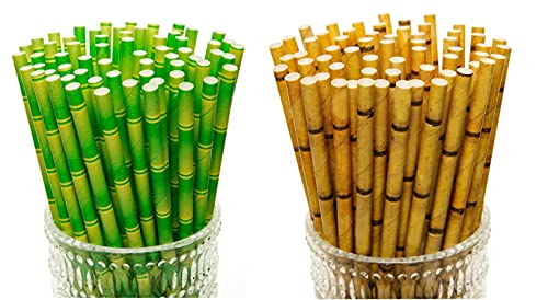 YEHAM 100 Pc 2 Colors Biodegradable Bamboo Print Paper Drinking Straws for Juices Shakes Birthday Wedding Party Supplies