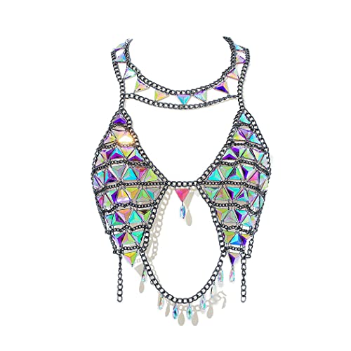 Aiosy Boho Body Chain Bra Silver Sexy Rhinestone Bikini Bra Body Halter Backless Sequins Chain Bra Beach Body Accessories Jewelry for Women and Girls (Top)