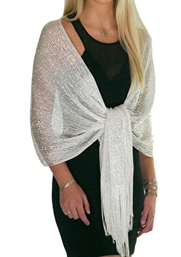 Shawls and Wraps for Evening Dresses, Metallic Sparkle Womens Wedding White Shawl