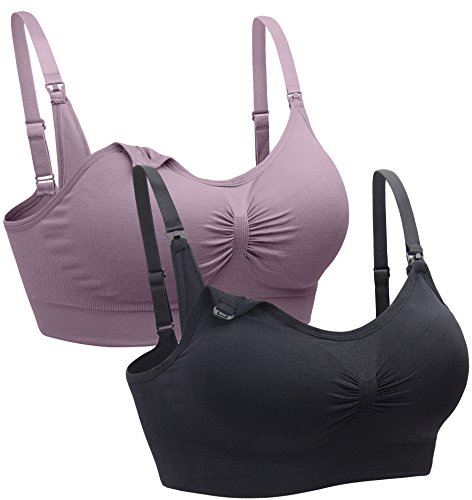 Suekaphin Nursing Wireless Women's Sleeping Maternity Breastfeeding Bra,Large,PurpleBean+Black