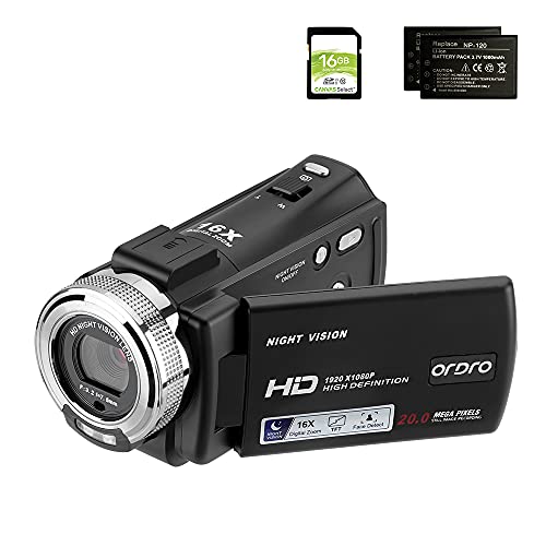 ORDRO Camcorders HDV-V12 HD 1080P Video Camera Recorder Infrared Night Vision Camera Camcorders with 16G SD Card and 2 Batteries