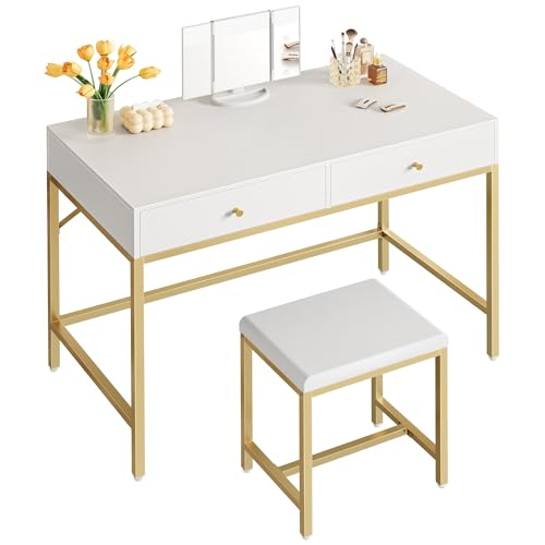 SUPERJARE Vanity Desk, Makeup Vanity with Lighted Mirror, White Desk with Drawers, 35.4 Inches Makeup Vanity Desk with Lights, for Bedroom, White and Gold