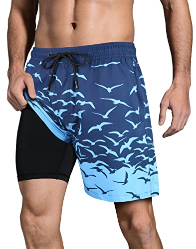 LUCOWEE Swim Trunks Men Compression Liner UltraCool Sports Boxer Lined Zipped Pocket Shirt Loop Quick Dry UPF 50+ Stretchy 7' Inseam Bathing Suit Durable Swimsuits Sea Mews Freedom Large
