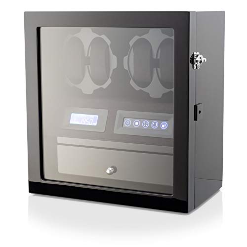 4 Watch Winder with 5 Watch Storage Space, LCD Display, Touch Control and Interior Backlight (Black + Black Velvet)
