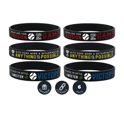 Inkstone Baseball Silicone Wristbands with Motivational Sayings (6-Pack) - Baseball Bracelets Jewelry Gifts