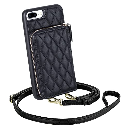 LAMEEKU iPhone 7 Plus Wallet Case, Quilted Leather Wallet Case for iPhone 8 Plus Card Holder Case with Crossbody Lanyard Handbag Case for Women Shockproof Case for iPhone 7 Plus 8 Plus,5.5''-Black