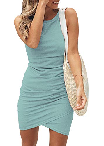 BTFBM Women 2023 Summer Sleeveless Tank Dresses Crew Neck Slim Fit Short Casual Ruched Bodycon Party Club Mini Dress(106Green, Small)