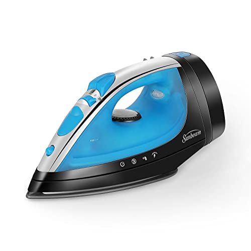 Sunbeam Steammaster Steam Iron, 1400 Watt, Large Anti-Drip Stainless Steel Nonstick Soleplate with 8' Retractable Cord, Horizontal or Vertical Shot of Steam and 3-Way Auto Shut-Off, Black/Blue