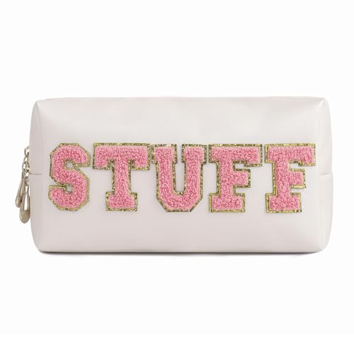 uekeboag Chenille Letter Patches PU Leather Makeup Bag with Zipper for Women Girls,Stuff Bag,Bride Pouch, Preppy Travel Organizer, Cute Waterproof Portable Toiletry Pouch (Beige-Stuff)