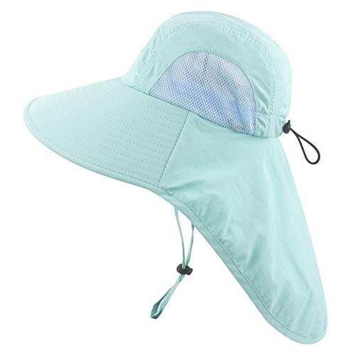 Muryobao Kids Child Girls Boys Summer Sun Hat Wide Brim UV Protection UPF50+ Hats Mesh Bucket Cap for Beach Fishing with Neck Flap Sky Blue