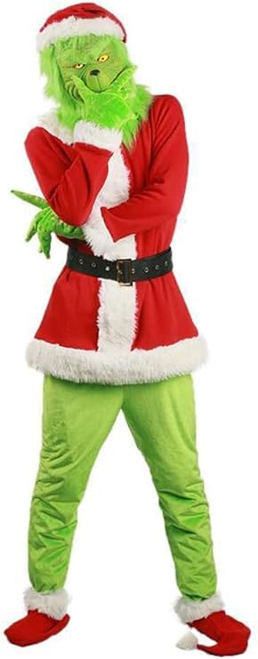 Aoibox Adult Green Monster Costume 7PCS Christmas Costume Set, Santa Claus Outfit - Including Mask (XX-Large)