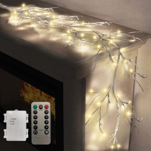 Lighted Garland with Birch Twigs, Hypestar 6FT Lighted Garlands with 48 LEDs for Home Decorations and Living Room Wall Decor (Remote Control Birch Garland)