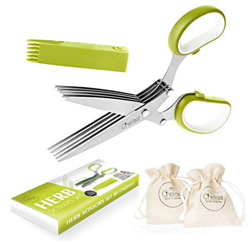 Chefast Herb Scissors Set - Multipurpose Cutting Shears with 5 Stainless Steel Blades, Jute Pouches, and Safety Cover with Cleaning Comb - Cutter/Chopper/Mincer for Herbs - Kitchen Gadget
