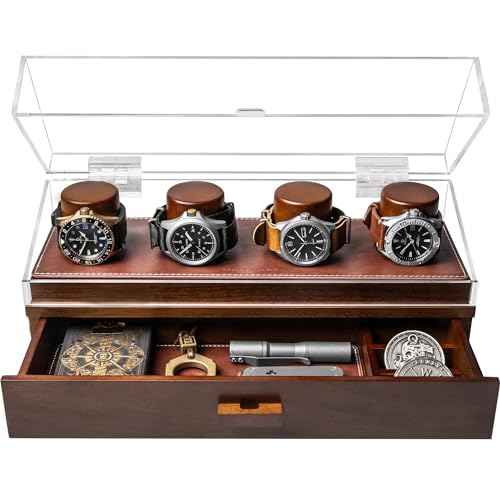 Elevate Your Watch Collection with The Watch Deck Pro – Premium Watch Display Case for 4 Watches – Easy Access, Drawer & Leather Lining – Wooden Mens Watch Box & Watch Case – Lifetime Assurance
