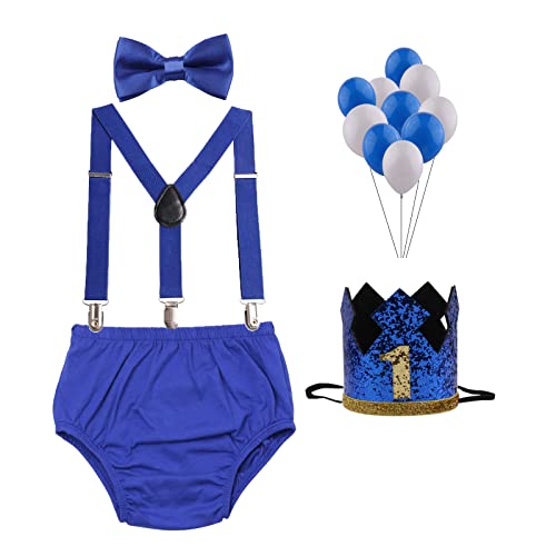 GUCHOL Baby Boys First Birthday Cake Smash Outfit Suspenders Bow Tie Bloomers Sparkle Crown Hat Balloon Set (Royal Blue Set)