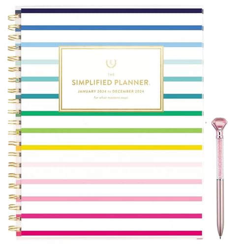 Simplified by Emily Ley January 2024 - December 2024 Year Round Weekly Monthly Planner, CYO Cover, Size 8.375' x 11' (Stripe) and Ballpoint Crystal Diamond Pen