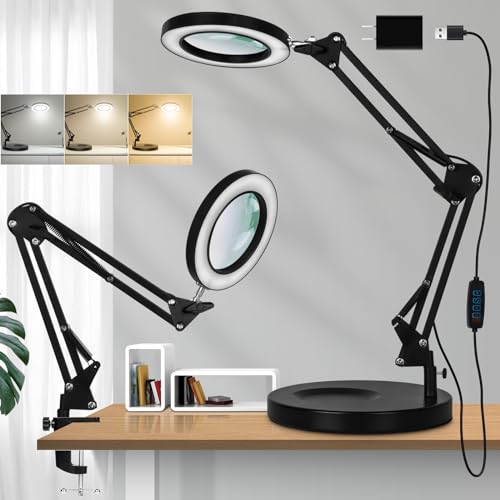 10X Magnifying Glass with Light and Stand, NUEYiO 2 in 1 Heavy-Duty Metal Base Magnifier with Light, 2200 Lumens LED Magnifying Lamp, Adjustable Arm Lighted Magnifying Glass for Reading Craft Hobby