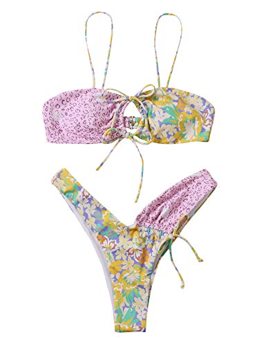 SOLY HUX Women's Floral Print Tie Front High Cut Bikini Bathing Suit 2 Piece Swimsuits Multicoloured S
