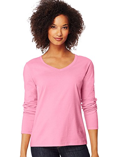 Hanes Women's Originals Long Sleeve Cotton T-Shirt, Lightweight V-Neck Tee, Modern Fit, Pink Swish, Large