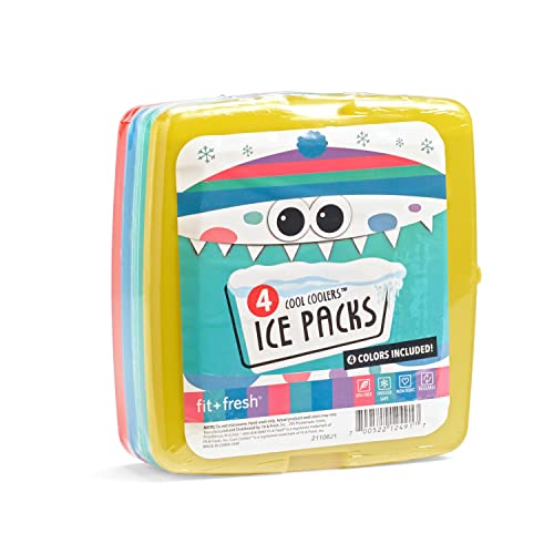 Cool Coolers By Fit & Fresh 4 Pack Slim Ice Packs, Quick Freeze Space Saving Reusable Ice Packs for Lunch Boxes or Coolers, Multi Colored