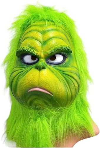 Green Monster Mask Christmas Props Cosplay Mask. Santa Hat Christmas Costume Latex mask and Gloves (White eye mask)