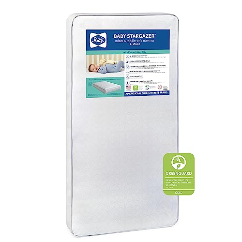 Sealy Baby Stargazer Premium 2-Stage Dual Firmness Waterproof Baby Crib Mattress & Toddler Bed Mattress, Airy Comfort, 150 Premium Coils, Air Quality Certified, Made in USA, 52'X28'
