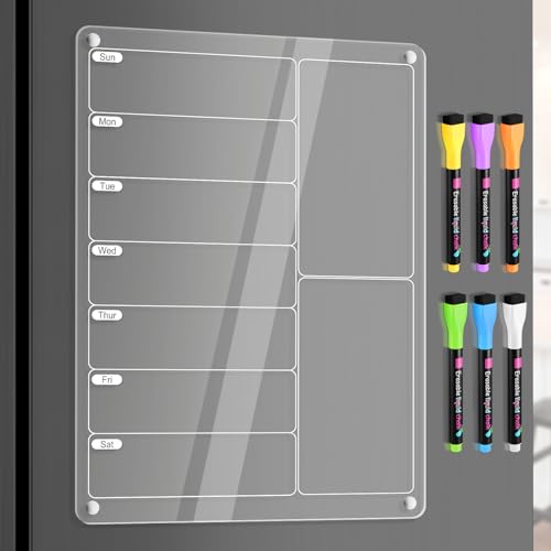 Acrylic Meal Planner Magnetic Menu Board for Kitchen French Fridge w/ 6 Markers, Clear Weekly Calendar Planning Noteboard Refrigerator Dry Erase Board to Do/Grocery/Shopping List/Chore Chart, 12x9’’