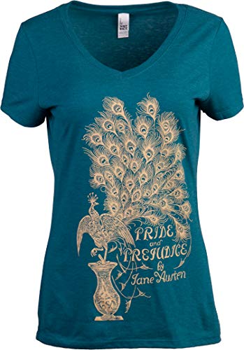 Ann Arbor T-shirt Co. Pride & Prejudice | Jane Austen 1813 Romance Book Club Reader Reading Women's V-Neck T-Shirt Top-(Teal, S)