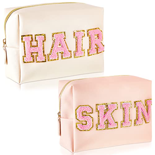 2 Pcs Preppy Patch Makeup Bag Chenille Letter Cosmetic Bag PU Leather Waterproof Toiletry Bag Portable Skin Makeup Pouch Preppy Organizer Accessory for Women Girls (White, Pink, Hair, Skin)