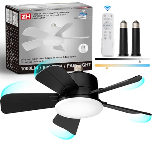 Hipappy 17' Socket Fan Light with Remote and 2 Socket Extenders, Wireless Screw in Ceiling Fans with Dimmable Lights, Up to 1200LM/6500K Light Bulb Fan for Kitchen Bathroom Garage Tool Room, Black