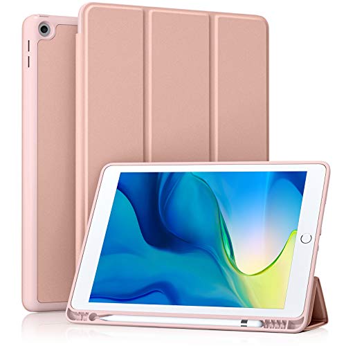 Akkerds Case Compatible with iPad 10.2 Inch 2021/2020/2019, for iPad 9th/8th/7th Generation Case with Pencil Holder, Protective Case with Soft TPU Back, Auto Sleep/Wake Cover, Rose Pink