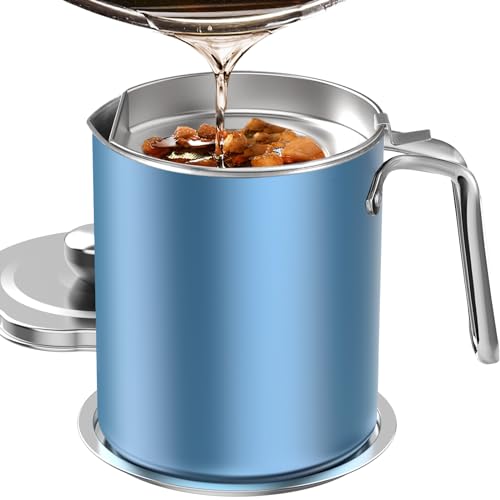 Chihee Grease Container Stainless Steel Bacon Grease Saver with Fine Mesh Strainer 2L / 67.6 fl oz Oil Container Grease Can with Dust-proof Lid Non-slip Tray for Kitchen Storing Frying Cooking Grease