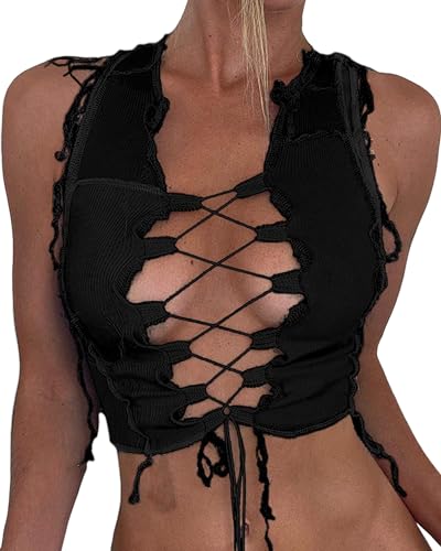 Remidoo Women's Sexy Lace Up Front Patchwork Contrast Stitch Crop Tank Top Stitch Black Medium