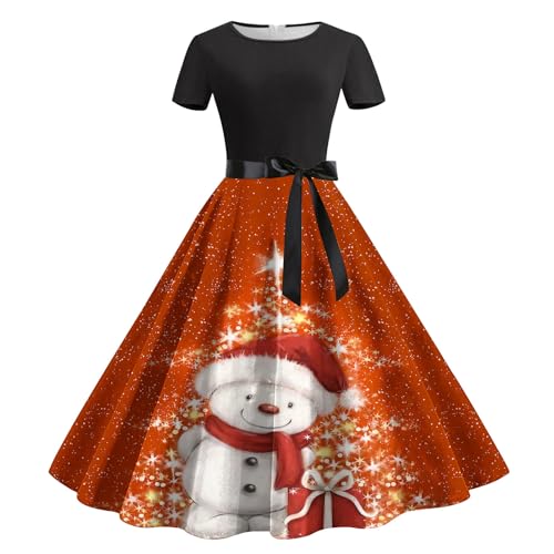 Christmas Dresses Women Casual Swing Dress Vintage 1950's Party Cocktail Dress Casual Short Sleeve Holiday Dress Orange