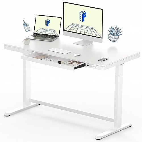 FLEXISPOT Comhar Electric Standing Desk with Drawers Charging USB A to C Port, Height Adjustable 48' Whole-Piece Quick Install Home Office Computer Laptop Table with Storage (White Top + Frame)