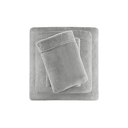 Sleep Philosophy True North Soloft Plush Bed Sheet Set, Wrinkle Resistant, Warm, Soft Fleece Sheets with 14' Deep Pocket Cold Season Cozy Bedding-Set, Matching Pillow Case, King, Grey, 4 Piece