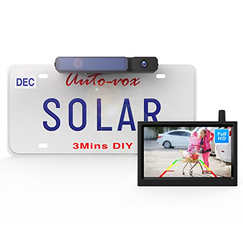 AUTO-VOX Solar Wireless Backup Camera for Trucks, 3Mins DIY Install with 5' Car Monitor, Battery Powered & IP69K Waterproof Back Up Camera Systems, Stable Signal Vehicle Reverse Camera for Van/SUV