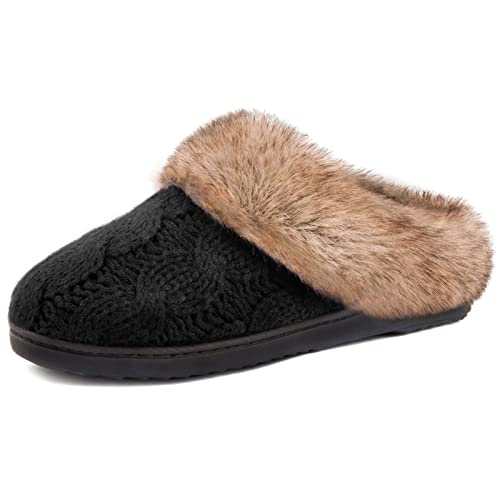 ULTRAIDEAS Women's Memory Foam House Slippers with Hard Bottom, Fur Lined House Shoes with Non-Slip Rubber Sole for Indoor & Outdoor (Knit Black, 9-10)