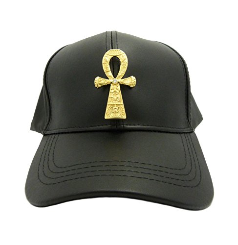 Unisex Solid Faux Leather Snap Back Adjustable Baseball Cap w/Horus Bird, Nefertiti, Ankh, Maat Pieces in Gold Tone (Studded Ankh/Black Cap)