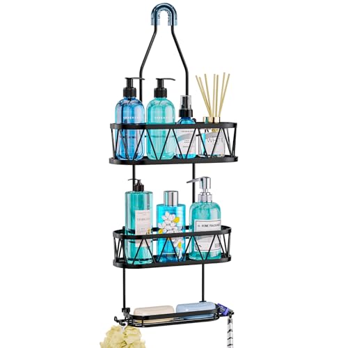 HapiRm Shower Caddy over Shower Head, Rustproof & Waterproof Hanging Shower Caddy with Soap Holder & 4 Hooks, No Drilling Hanging Shower Organizer for Bathroom - Black