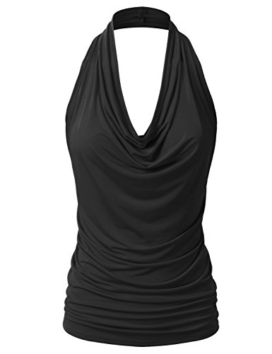 EIMIN Women's Casual Halter Neck Draped Front Sexy Backless Tank Top Black 1XL