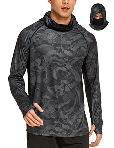 Men’s UPF 50+ Sun Protection Fishing Shirt with Mask Cooling Hoodie Quick Dry SPF Camo Long Sleeve Hiking Shirt Black S