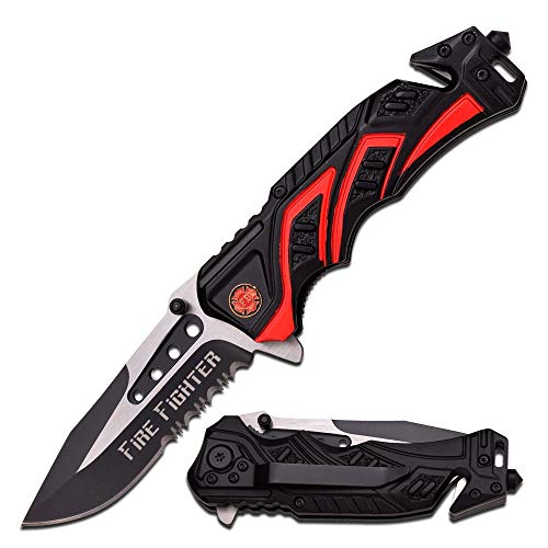 Mtech 8' Fire Fighter Red Spring Assisted Folding Knife Blade Pocket Open Switch- Firefighter Rescue Pocket Knife - Hunting Knives, Military Surplus - Survival and Camping Gear